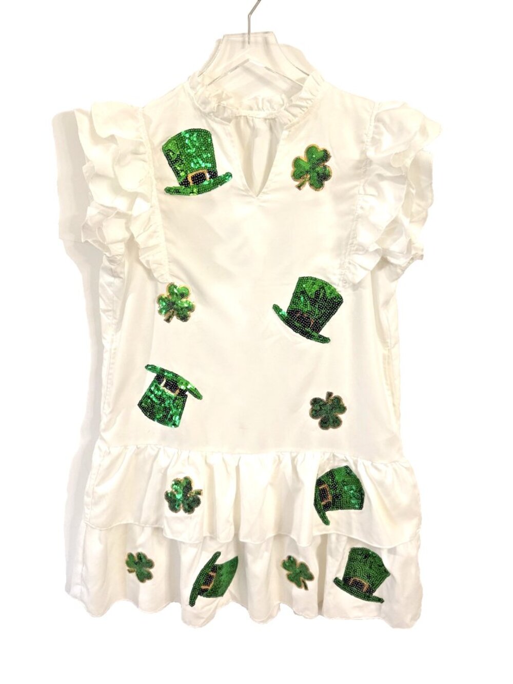 St. Patrick’s Day White Dress with Green Sequin Patches Size Large